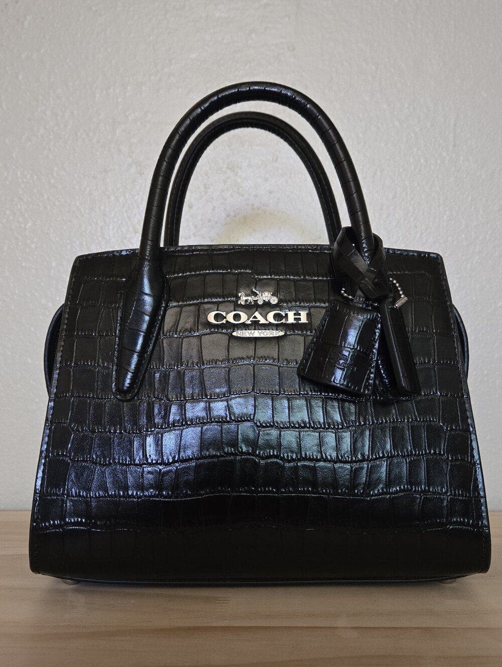 Coach Black Croc-Embossed Satchel with Silver Hardware